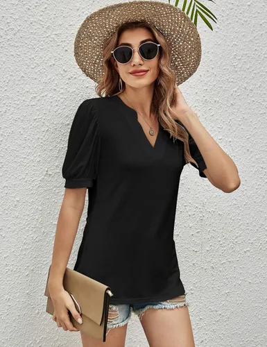 Vista 5 de Romanstii Camisetas casuales con cuello en V para mujer, blusas sueltas de manga corta abombada