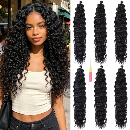 Vista 17 de Extensiones de cabello ondulado con ganchillo Ocean Wave de 18 pulgadas, 6 paquetes, extensiones de cabello de ganchillo sueltas de onda profunda #1B
