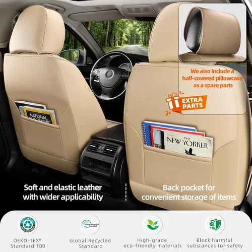 Vista 3 de Juego completo de fundas de asiento de automóvil de cuero napa impermeables y transpirables de 2 plazas, aptas para asientos delanteros de beige