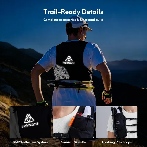 Vista 7 de Haimont 8L Trail Running Hydration Vest with Soft Flasks 2L Bladder Compatible, Bounce-Free Fit, Front Storage, Pole Loops, Whistle