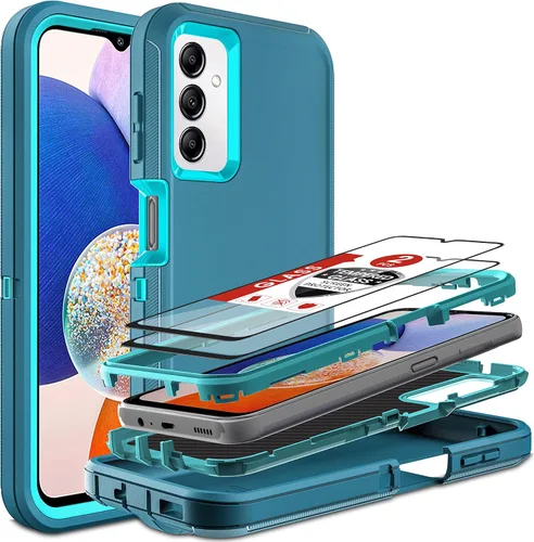 Vista 10 de Funda para Samsung Galaxy A14 5G, 3 en 1, protección resistente a prueba de golpes con 2 protectores de pantalla de vidrio templado, color azul Azul