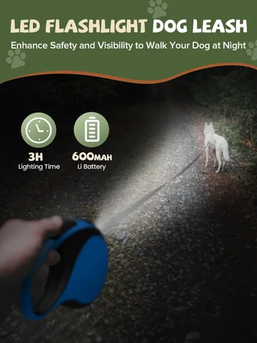 Vista 3 de Correa retráctil para perro con luz LED, correa recargable de 16 pies para perros pequeños y medianos de hasta 66 libras, 360° sin enredos, control