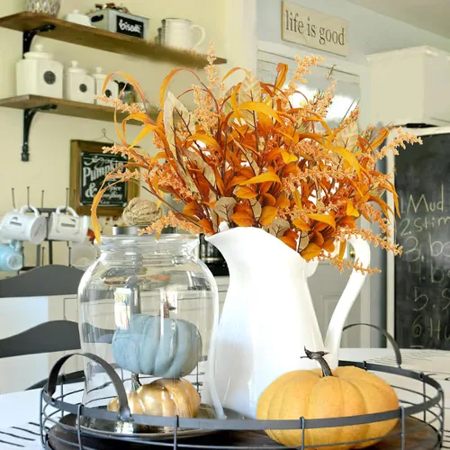 Vista 6 de 3 piezas de flores artificiales de otoño, flores artificiales para decoración, ramo de otoño, hojas de arce, arreglo floral de trigo, ramas