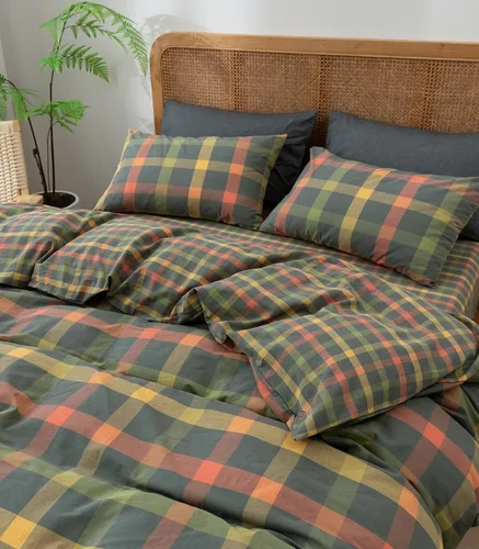 Vista 8 de VM VOUGEMARKET - Juego de funda de edredón a cuadros de tamaño individual XL, ropa de cama de color verde, gris y naranja, algodón lavado, con 2