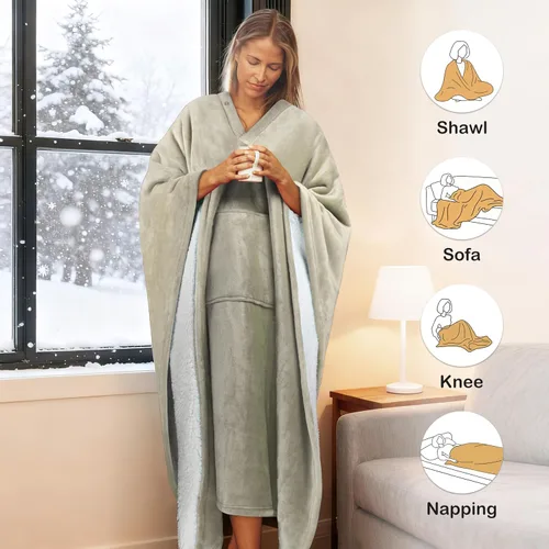 Vista 4 de Catalonia Manta Poncho Sherpa Vestible para Adultos Mujeres Hombres, Manta Capa Envolvente con Bolsillo, Cálida, Suave, Acogedora, Cómoda, Regalo