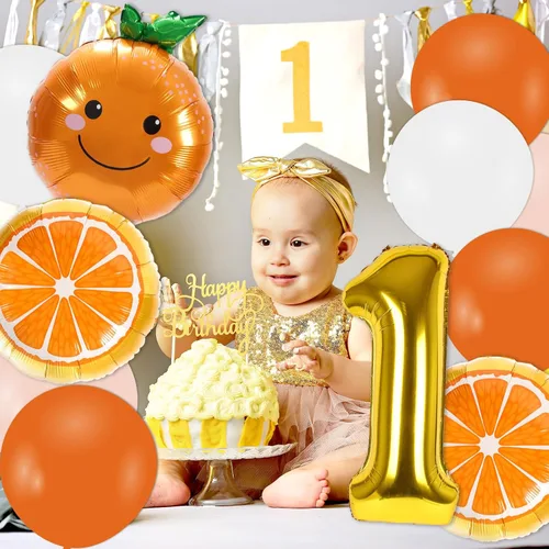 Vista 6 de Whaline 30 piezas de suministros de decoración de primer cumpleaños naranja Little Cutie número uno, globo de letra UNO, globos naranjas, globos