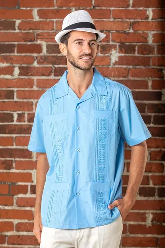 Vista 3 de Camisa de guayabera para hombre, cuatro bolsillos, manga corta, clásica, para vacaciones, boda, bordado, Pintuck, camisa relajada
