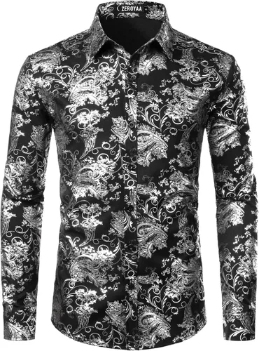Vista 16 de ZEROYAA Men's Luxury Paisley Floral Printed Button Down Shirt Zhcl36-negro oro