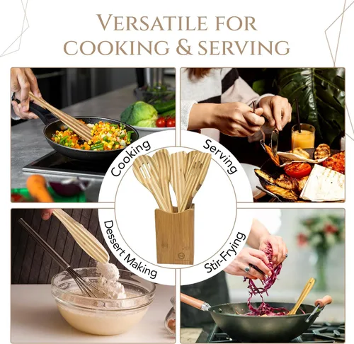 Vista 7 de Top Notch Kitchenware Juego de utensilios de cocina de bambú (5 piezas) con soporte de bambú Utensilios de servir de primera calidad Utensilios
