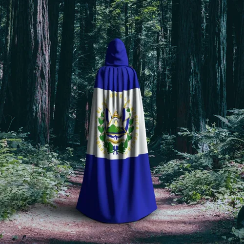 Vista 6 de Capa de bata con capucha para adultos para fiestas de Halloween, Navidad, bandera de El Salvador, disfraz de vampiro con sombrero negro, Negro