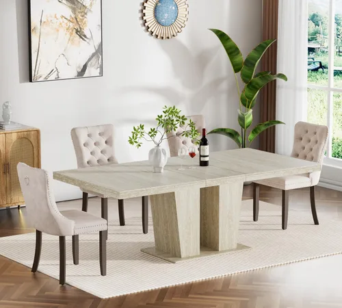 Vista 73 de Juego de mesa de comedor extensible de 5 piezas, juego de mesa de comedor extensible de estilo granja para 4, mesa de cocina expandible de madera