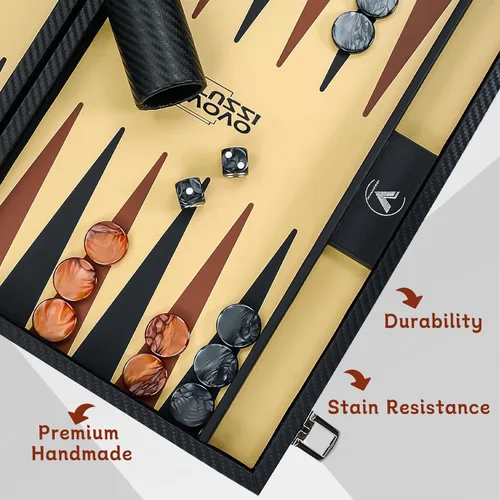 Vista 3 de Juego de backgammon de 15 pulgadas para adultos, de fibra de carbono de alta calidad, de piel sintética, plegable, juego de mesa clásico de viaje