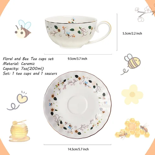 Vista 5 de BigNoseDeer Regalos para mujeres, tazas de té y platillos de porcelana, taza de café con leche, taza de capuchino, bonita taza de café de cerámica