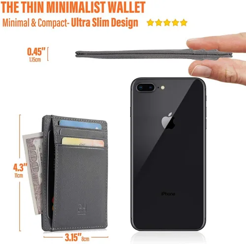 Vista 3 de Slim RFID - Soporte para tarjetas con sistema de bloqueo, billetera de cuero de bolsillo frontal minimalista para mujer