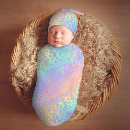 Vista 7 de Juego de mantas holográficas de leopardo para recién nacidos, manta de recepción suave para bebé, saco de envoltura para baby shower, regalo