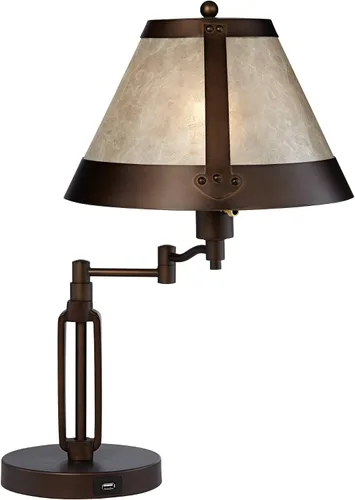 Vista 6 de Juego de 2 lámparas de mesa marrón bronce de 21 1/4 pulgadas con brazo oscilante con puerto de carga USB Mica Shade Rústico Industrial Dormitorio