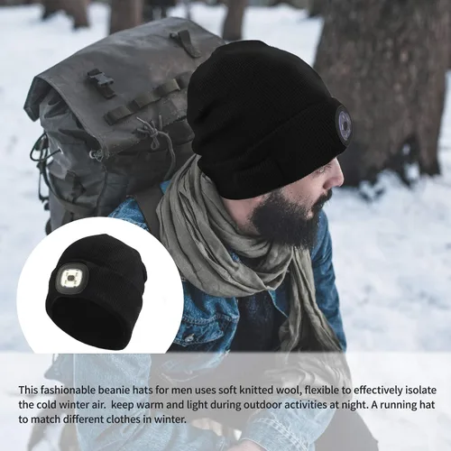 Vista 5 de RIDEIWAKE Gorro con linterna frontal recargable, gorro de invierno de punto iluminado para hombres, padres, pesca, camping, regalos para hombres