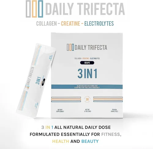 Vista 7 de Daily Trifecta 3 en 1 paquetes de colágeno tipo I, monohidrato de creatina y electrolitos Todo natural con cero azúcar Formulado en 30 paquetes