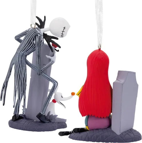 Vista 2 de Hallmark Disney Tim Burton's The Nightmare Before Christmas Jack y Sally con lápidas, adornos de Navidad, juego de 2