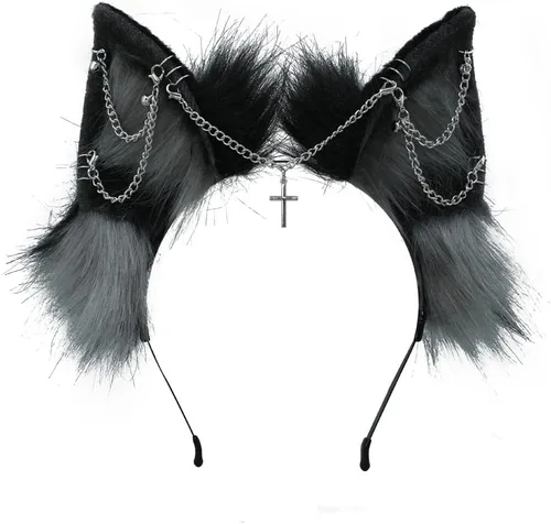 Vista 7 de VIGVAN Orejas de zorro de lobo hechas a mano Animal Cosplay Cute Head Accesorios para Halloween (negro)