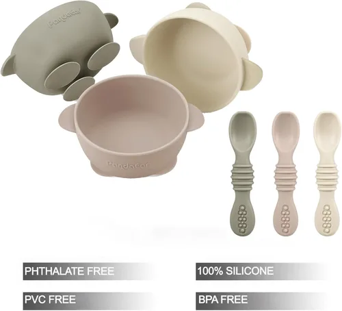 Vista 3 de PandaEar Paquete de 3 Tazones de Silicona con Succión para Bebés y 3 Cucharas de Alimentación para Bebés Cuencos Antideslizantes que se Mantienen