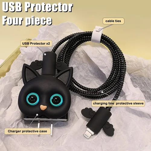Vista 2 de Protector de cable de dibujos animados para cargador de iPhone, diseño de gato Kawaii 3D, cubierta de cable de línea de datos, protector de cable