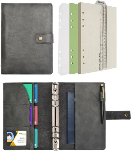 Vista 8 de WONDERPOOL Cuaderno de cuero recargable, cuaderno en espiral, carpeta de carpetas de diario A5 con puntos y bolsillos interiores para viajes, Marrón