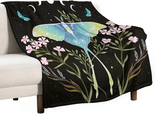 Vista 8 de Manta gótica de franela de polilla abstracta, mágica, bohemia, mariposa, esqueleto, luna, estrellas, manta estética para hombres, mujeres, niñas
