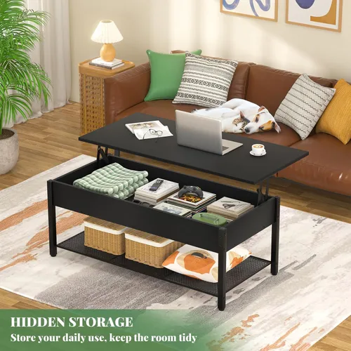 Vista 4 de Homieasy - Mesa de café, mesa de centro con tablero elevado y estante de almacenamiento con compartimento oculto, mesa moderna con tablero elevado