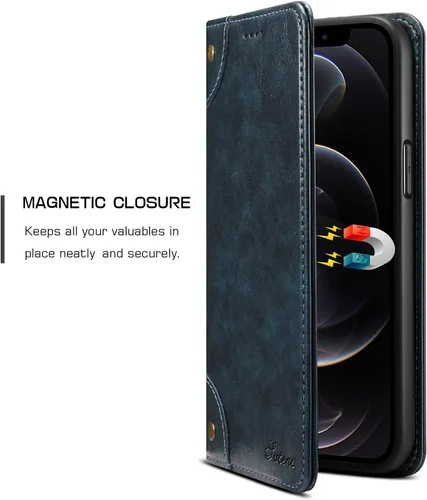 Vista 5 de SINIANL Funda Compatible para iPhone 13 de Cuero, Funda Tipo Cartera con Diseño de Libro, Cierre Magnético, Soporte, Ranuras para Tarjetas, Tapa Azul