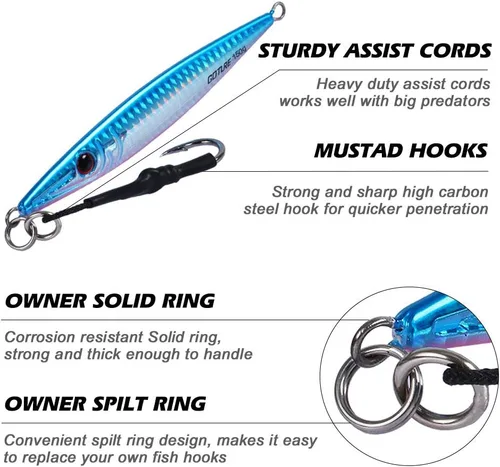 Vista 5 de Goture Fishing Jigs Saltwater 60g-200g with Assist Hook, Glow Vertical Jigs, Speed Fast Lead Jig Sea Fishing Jigging Spoon Lures for Tuna, Salmon
