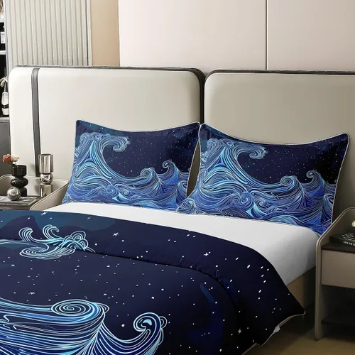 Vista 4 de jejeloiu Juego de funda de edredón de algodón con diseño de olas japonesas, funda de edredón 100% algodón tamaño individual para olas del mar, juego