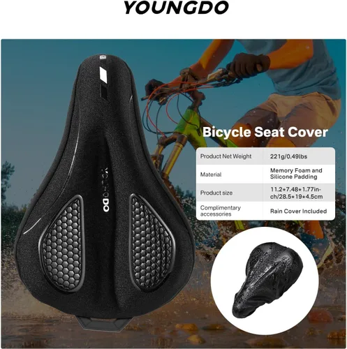 Vista 6 de YOUNGDO Cojín de asiento de bicicleta con funda impermeable, almohadilla de asiento de bicicleta de gel para sillín estrecho, absorción de golpes