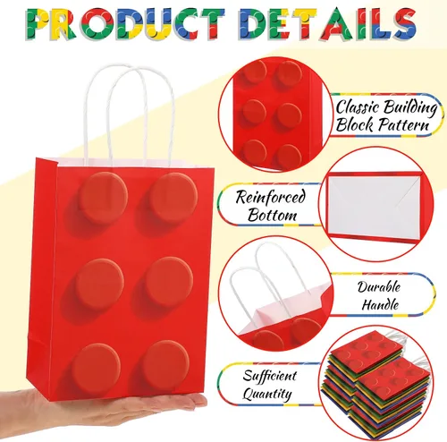 Vista 4 de Sabary 12 bolsas de regalo de bloques de construcción, bolsas de papel de dulces de ladrillos, bolsa de regalo con asa para bloque de construcción