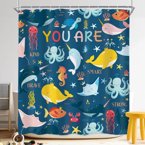 Vista 17 de Riyidecor Ocean - Cortina de ducha para niños, 60 pulgadas de ancho x 72 pulgadas de alto, diseño de ballena, dibujos animados, animales, delfín