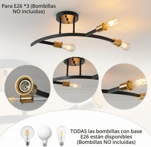 Vista 5 de Lámpara de Araña Sputnik Moderna Negra y Dorada de 3 Luces Semi Empotrada Luminaria de Techo para Entrada, Pasillo, Cocina, Dormitorio