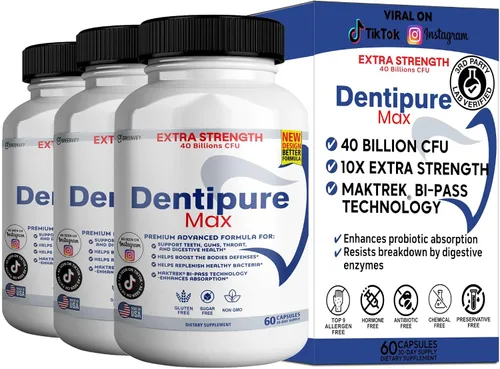 Vista 10 de Suplemento probiótico Dentipure Max, 40 mil millones de UFC, 60 cápsulas, apoya los dientes y la salud digestiva (1)