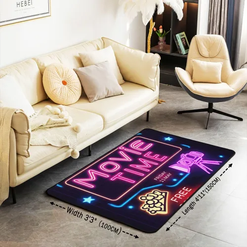 Vista 2 de Alfombra de área de película con letrero de neón de 3 x 5 pulgadas, alfombra vintage de entradas de cine para niños y adolescentes, alfombra