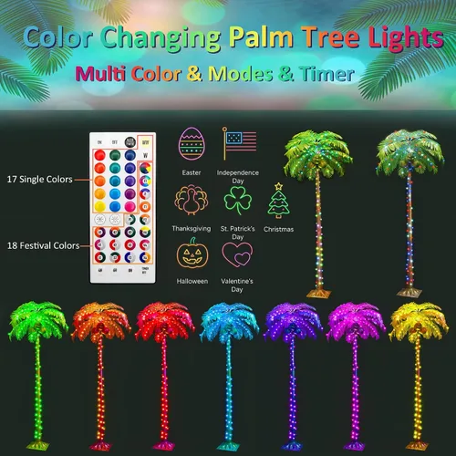 Vista 2 de Ledido - Palmera artificial iluminada de 5 pies, colorida con 3 cocos, 144 luces LED, para exteriores, con control remoto, impermeable, regulable