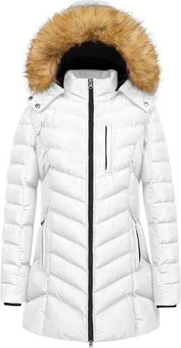 Vista 25 de CREATMO US Abrigo de invierno con capucha para mujer, impermeable, cálido, largo acolchado, parka Azul (Acid Blue)