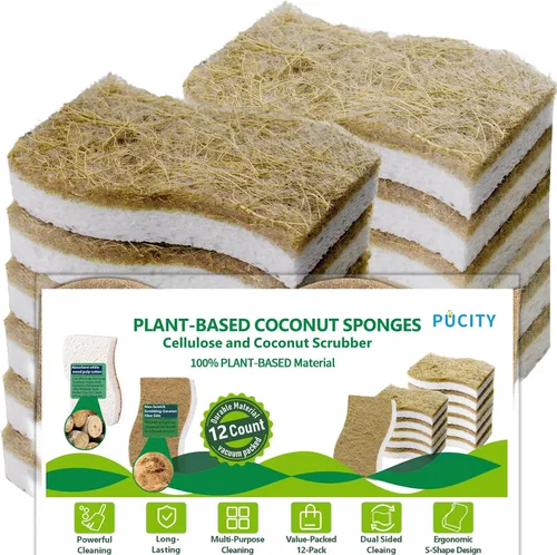 Vista 10 de Esponjas de cocina naturales biodegradables a base de plantas, esponja compostable de celulosa con fibra de coco, esponja de limpieza sin rayones
