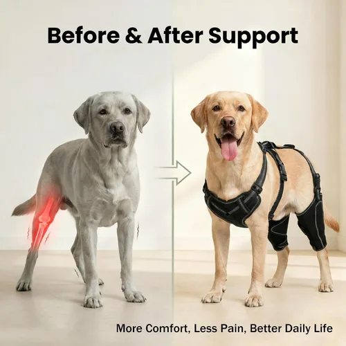 Vista 4 de Rodillera para perro para desgarro ACL/CCL – Soporte ajustable para patas traseras con arnés antideslizante y férula interior, soporte