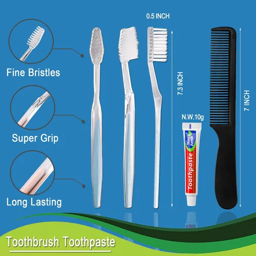 Vista 2 de 30 cepillos de dientes desechables con pasta de dientes y peine envueltos individualmente, 0.35 onzas de pasta de dientes, peine negro de 7