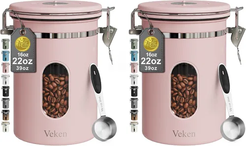 Vista 21 de Veken Recipiente de café con ventana, recipiente hermético de almacenamiento de alimentos de cocina de acero inoxidable con tapas, rastreador