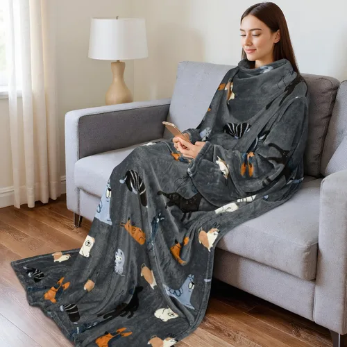 Vista 2 de Catalonia Manta con mangas para mujeres y hombres, manta de forro polar Perro gris