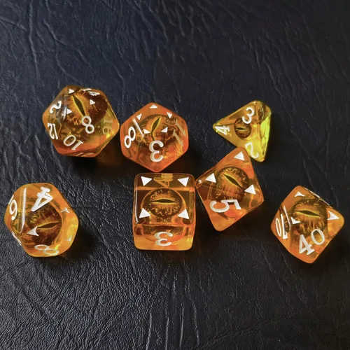 Vista 4 de Bescon Dragon Eye RPG Juego de 7 dados poliédricos de ojo de dragón, juego de ojos ámbar
