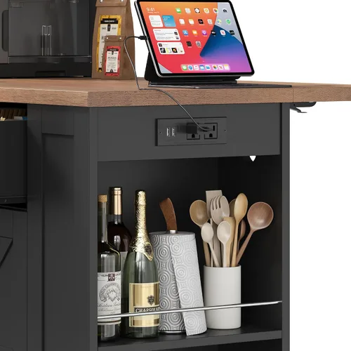 Vista 5 de Keyluv Isla de almacenamiento de cocina con 2 taburetes, carrito de cocina móvil de 51 pulgadas con hoja de caída y toma de corriente, mesa de isla