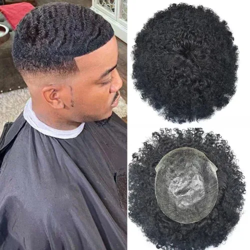 Vista 11 de Afro Toupee para hombres negros, unidad de pelo rizado rizado de poliuretano inyectado, cabello humano con ondas de polly afro, piezas de cabello #1