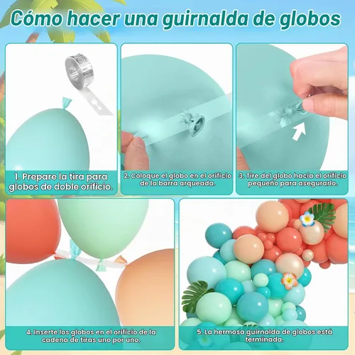 Vista 4 de Amandir Kit de guirnalda de arco de globos tropicales de 165 piezas, azul aguamarina, coral, rojo, rubor, verde pastel, globos de coco, hojas