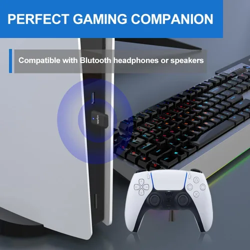 Vista 4 de Adaptador Bluetooth USB C para PS5/PS4, adaptador de audio inalámbrico de doble conexión, dongle de baja latencia con micrófono analógico de 0.138